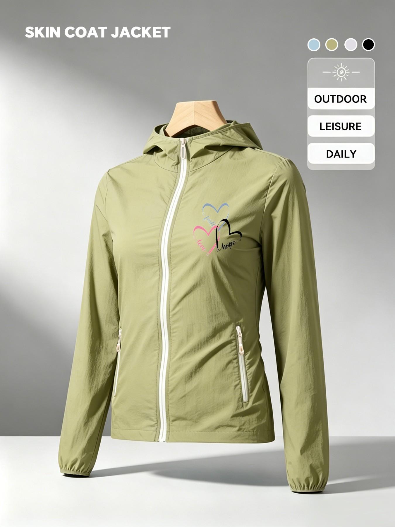 Faith Hope Love Three Color Hearts Print Women Summer Hooded Zip Up Skin Coat Jacket Four Colors Optional Soft Skin Friendly Breathable Lightweight Loose Casual Versatile Outdoor Commuting Essential
