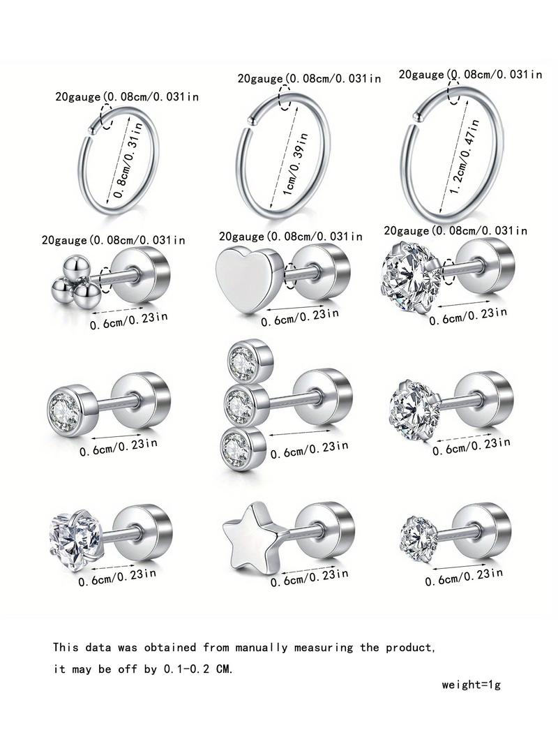 Mixed Style Rhinestone Decor Earrings Set, Stainless Steel Cartilage Earrings, Fashion Jewelry for Party, Daily Clothing Decor, Trendy All-match & Exquisite Jewelry for Gift