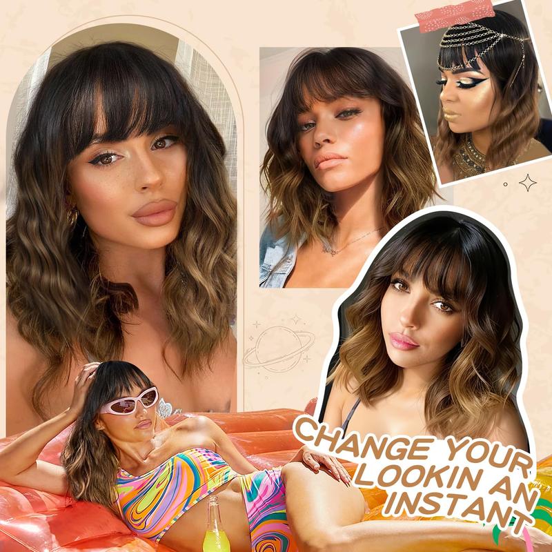 [ AISI HAIR ] Short Wavy Wig with Bangs for Women Shoulder Length Bob Curly Women's Charming Synthetic Wigs with Natural Wavy Black To Brown Heat Resistant Hair for Daily Party Use