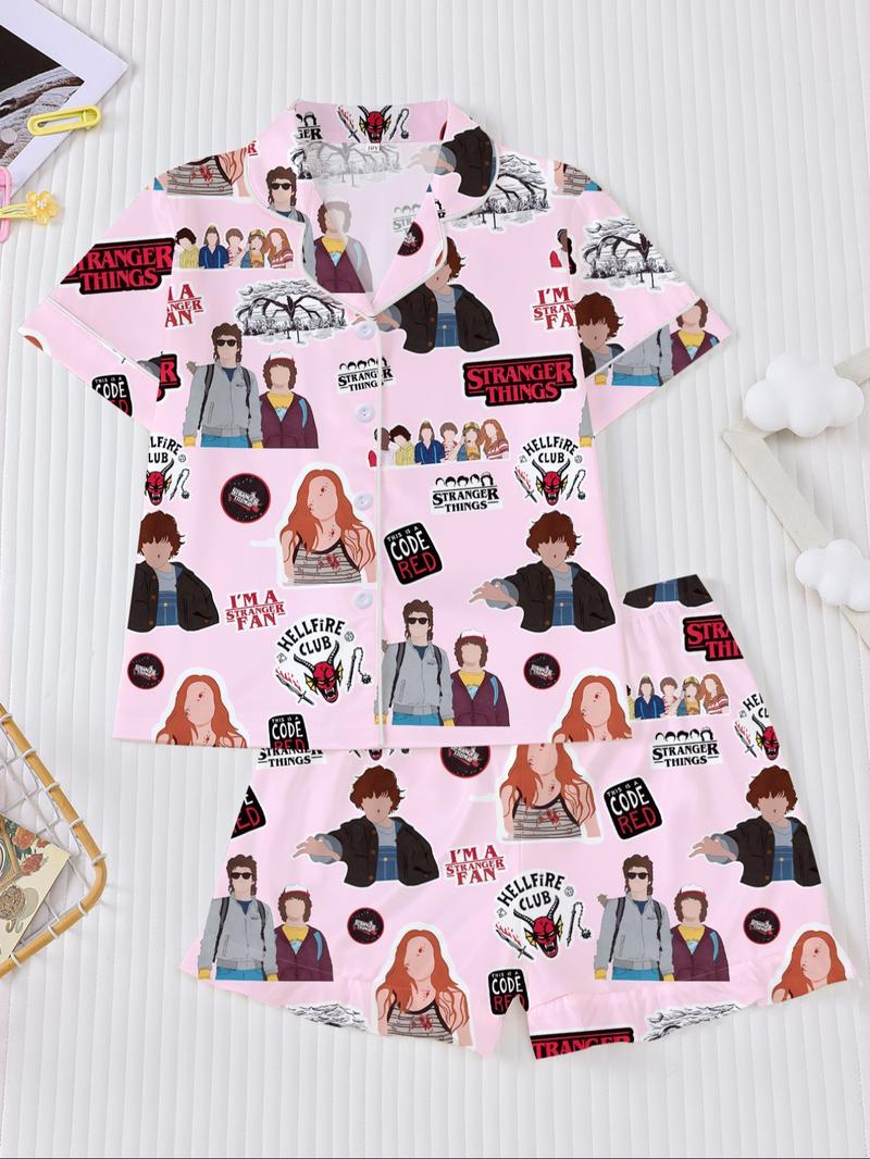 Stranger Things Cartoon Print Pajama Set for Kids - Summer Short Sleeve Cartoon Print Home Wear 2-Piece Set for Boys and Girls, New Flame-Retardant Turn-Down Collar Shirt and Loose Elastic Waist Ruffled Shorts Set. The pajamas feature iconic character pri