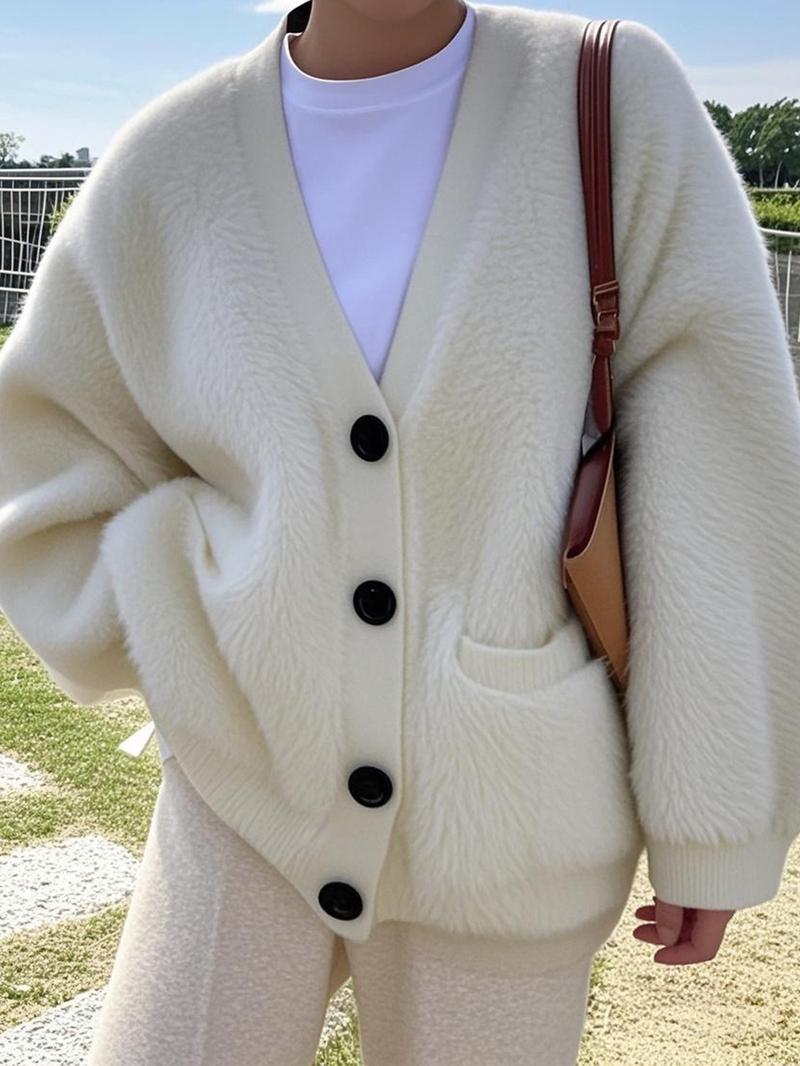 Women's Solid Button Front Pocket Drop Shoulder Fuzzy Sweater Cardigan, Casual Long Sleeve V Neck Cardigan for Daily Wear, Ladies Knitwear for All Seasons