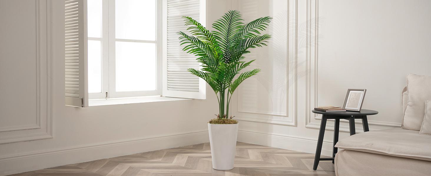 Artificial Palm Tree with White Tall Planter 5ft Tall - Faux Plants Indoor 12 Realistic Branches - Fake Tropical Floor Plants Pots Areca Palm Decorative Fruit Ornaments