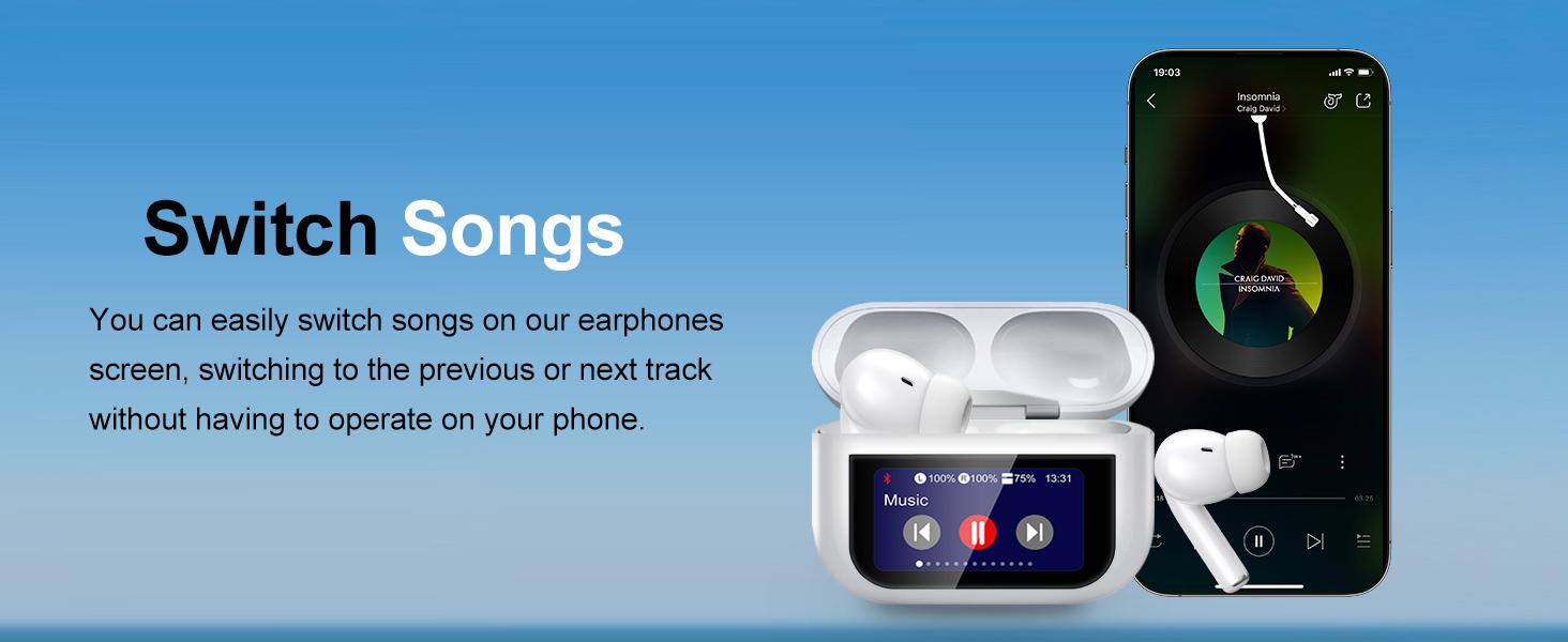 Smart Earphones with Touchscreen, Touch Screen Earbuds, 13 Functions Wireless Headphones Bluetooth 5.4, Touch Buds with LED Screen, ANC/ENC Noise Cancelling, 40H Playtime, for iOS Android