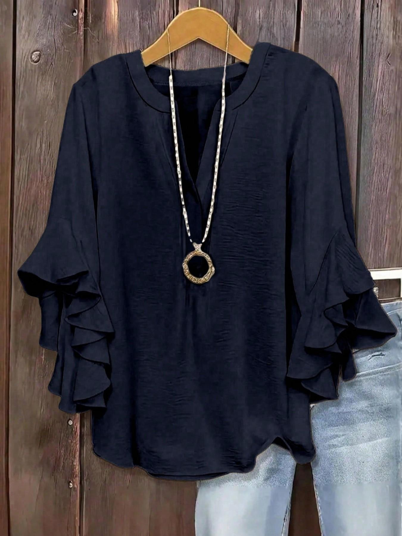 Plus Size Women's Ruffled Sleeve V-Neck Shirt Blouse, Elegant Floral Design, Comfortable and Stylish, Perfect for Casual Wear Plus Size Women's Ruffled Sleeve V-Neck Shirt Blouse, Elegant Floral Design, Comfortable and Stylish, Perfect for Casual Wear