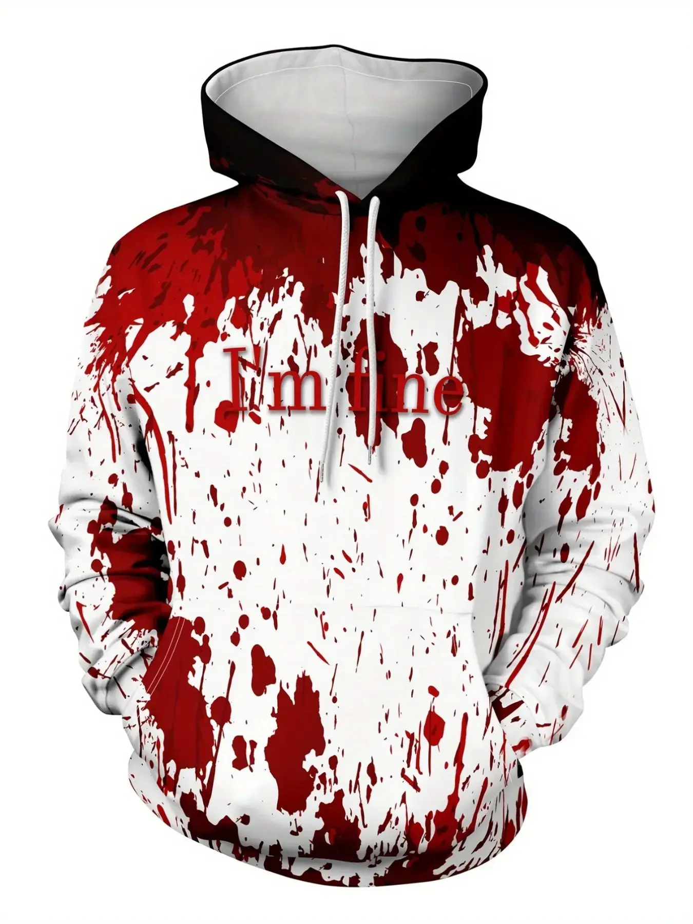 Unisex Halloween Blood Splatter I'm Fine Letter Print Hoodie, Street‑Style Casual Pullover With Kangaroo Pocket For Festival Party Outfits
