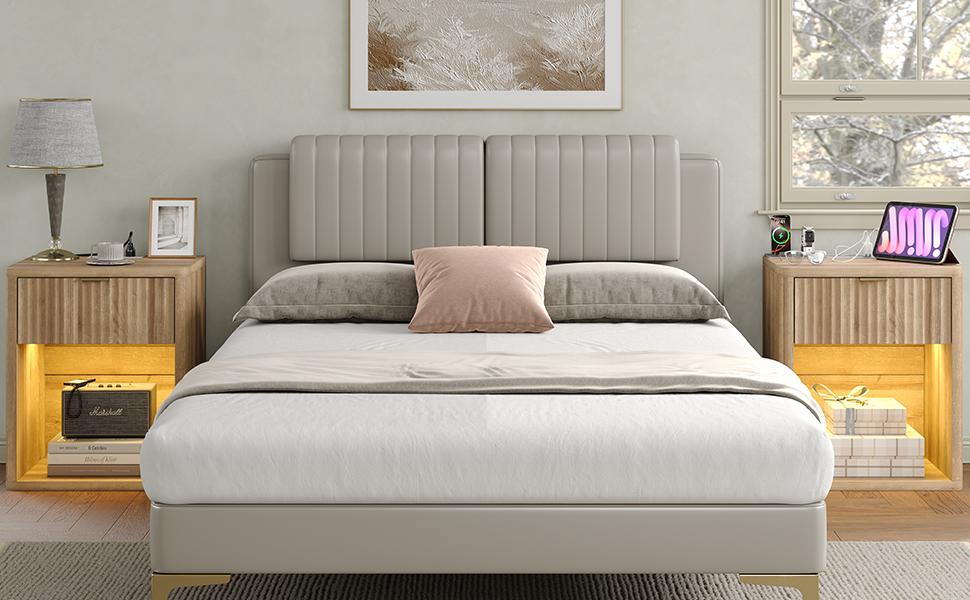 FUSOU Night Stand with Charging Station, Large LED Nightstand with Drawer and Storage Shelf, Lighting Modes Adjustable, Modern Deals for you Days Wood Nightstand Side Table End Table for Bedroom, Living Room, Oak