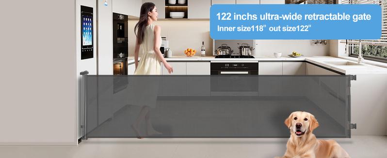 Retractable  pet Gate,Mesh Baby Gate or Mesh Dog Gate,33" Tall,Extends up to 55" 71"118"168"197"Wide,Child Safety Gate for Doorways, Stairs, Hallways, Indoor/Outdoor