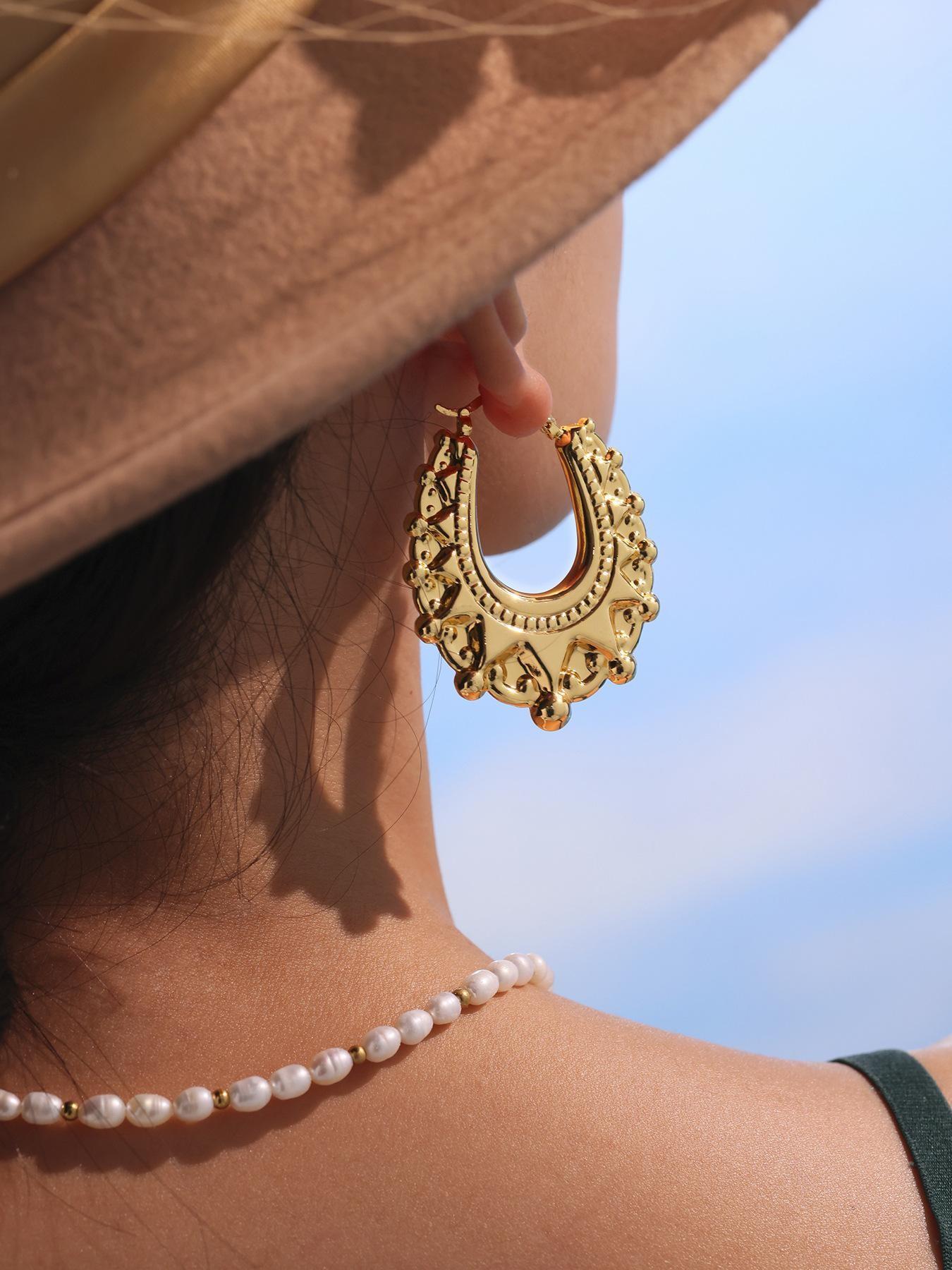 Women's 50mm Vintage Carved Creole Bohemian Earrings, Elegant Large Oval Design, Perfect Gift for Mom Wife Girlfriend, Fashion Jewelry Accessories