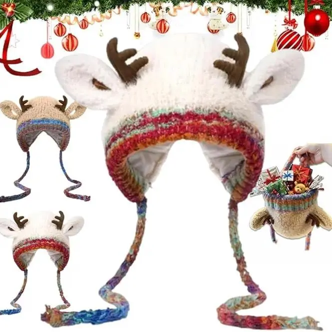 2-in-1 Reindeer Antler Beanie & Candy Gift Bag Accessory - Comfortable Fuzzy Knit Christmas Earflap Trapper Hat with Braided Ties, Warm Winter Costume Cap for Women, Holiday Party & Stocking Stuffer