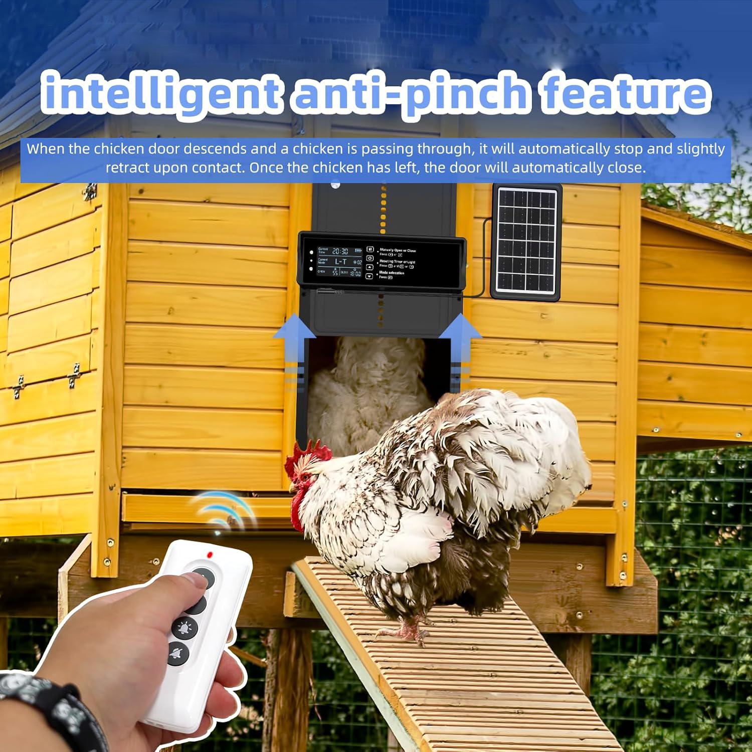 Solar Automatic Chicken Coop Door with LCD Screen, Timer Light Sensor Remote Manual Rechargeable Electric Poultry Gate, Chicken Coop Enclosure