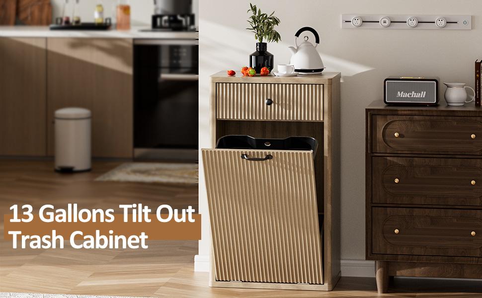 【Does Not Include Trash Can】AHB 13 Gallons Tilt Out Trash Can Cabinet Hidden Kitchen Waste Bins Freestanding Modern Recycling Trash Cabinets with Drawers Pet Proof Trash Can for Kitchen
