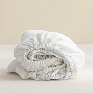 Linen Fitted Sheet -  Deep Pocket Bed Sheets for 16" Mattress,   Flax Stone Washed Farmhouse Soft Breathable Bottom Sheets (, White)