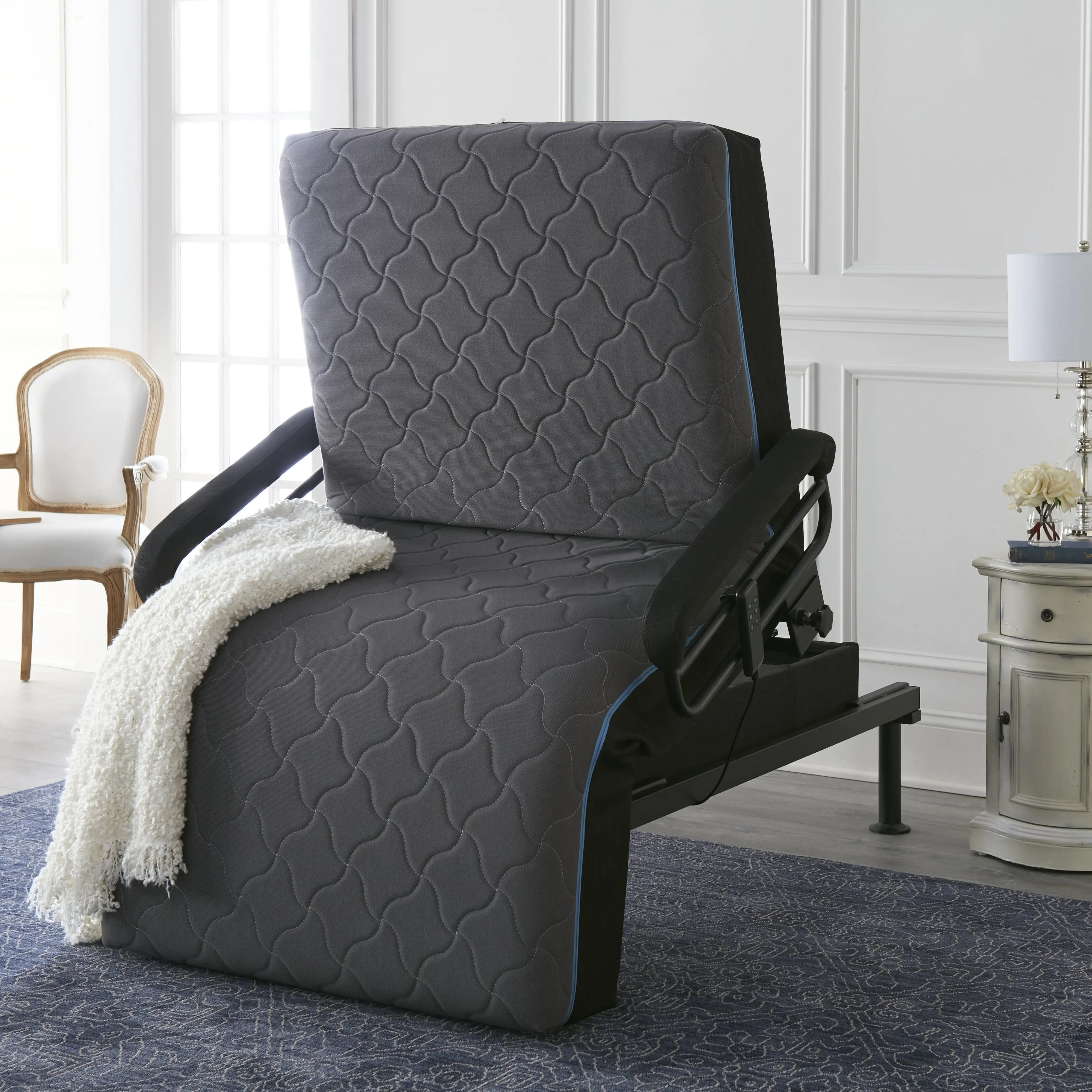 Twin Adjustable Sit to Stand Bed with 6 Inch Memory Foam Mattress, Wired Remote, Padded Guard Rails, Blue Metal Frame