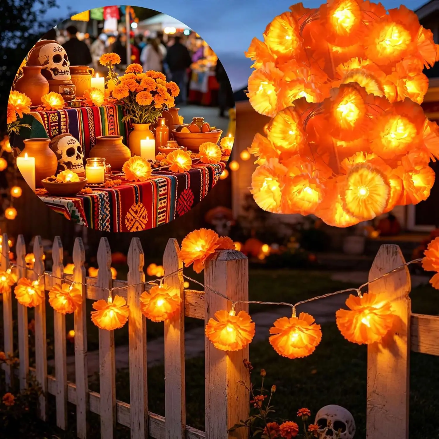Halloween 2PCS 9.8FT Marigold Garland String Fairy Lights, Battery Operated| Total 19.6FT, 40 LED Artificial Marigold Flowers Lights for Day of The Dead, Dia De Los Muertos, Diwali, Indian Wedding Decor