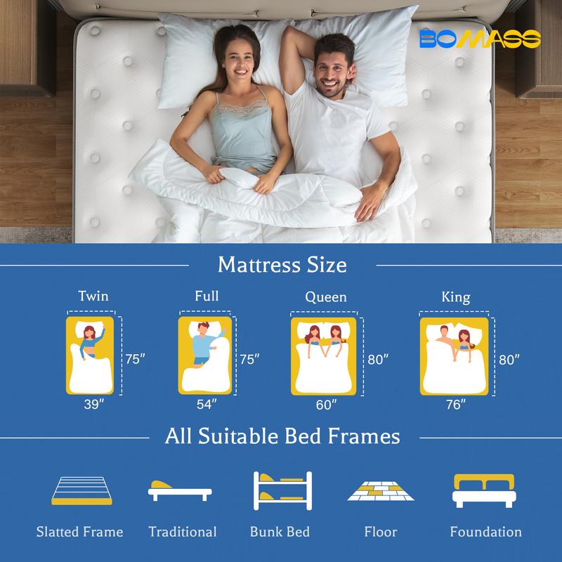 BOMASS 10" 12" 14" Hybrid Mattress Twin Full Queen King Mattresses Memory Foam Medium Firm Pocket Spring Mattress New Luxury Refreshing Sleep Experience