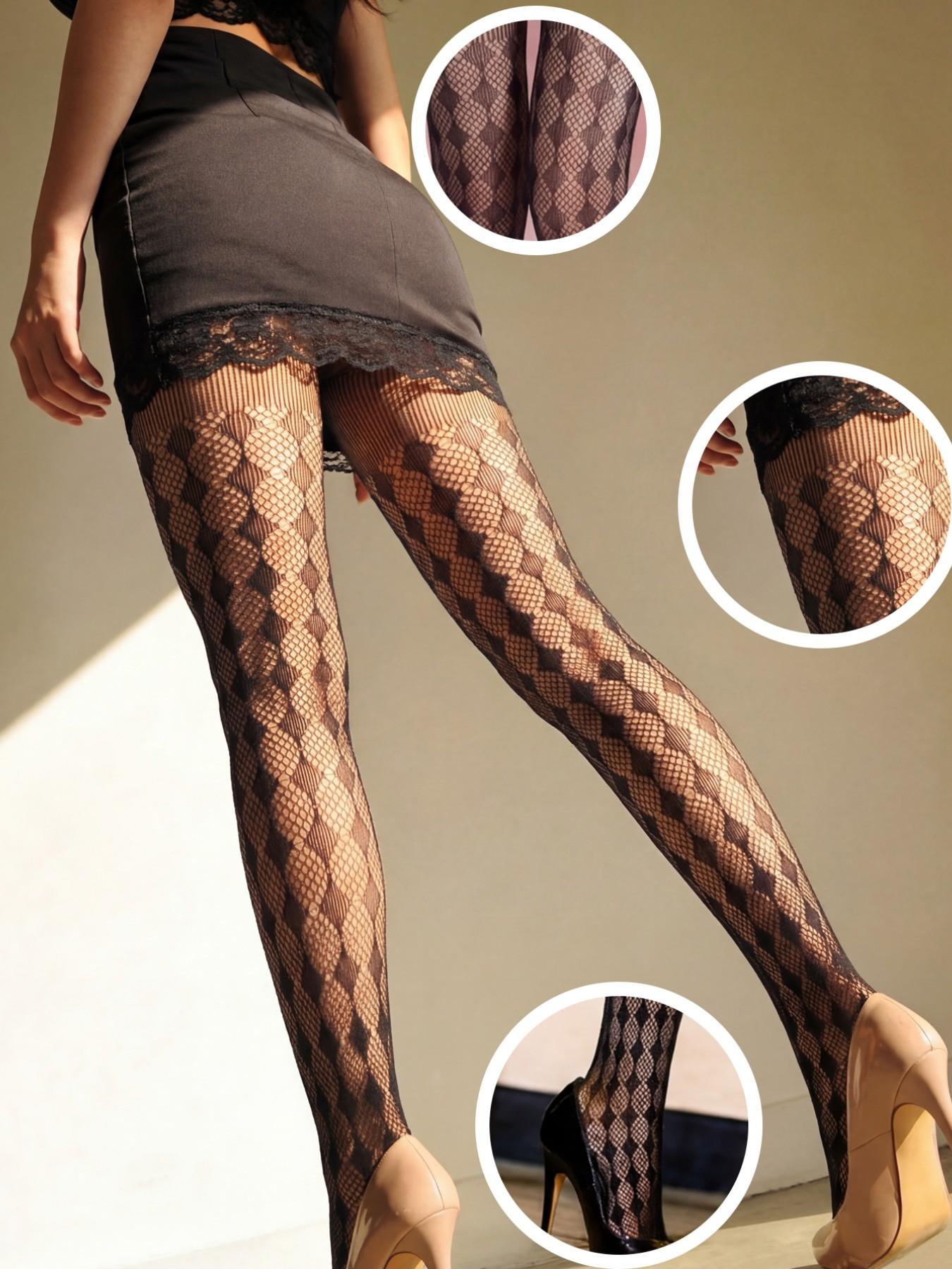 Women's Tight Control Top Leggings, and Rhombus Fishnet Socks, Sexy Ultra-Thin Mesh Stockings, Daily Wear, Date