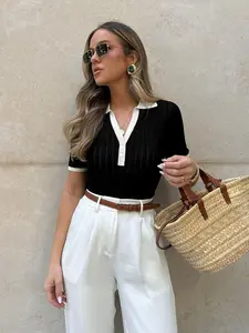 Women's Polo Collar Button-Down Color-Blocking Hollow-Out Slim Fit Short Sleeve Knit Pullover Top, Minimalist Style, Old Money Aesthetic, French Elegance, Lightweight & Cute Summer Fashion Top, Daily Wear Versatile Basic, High Street Travel Fashion Item