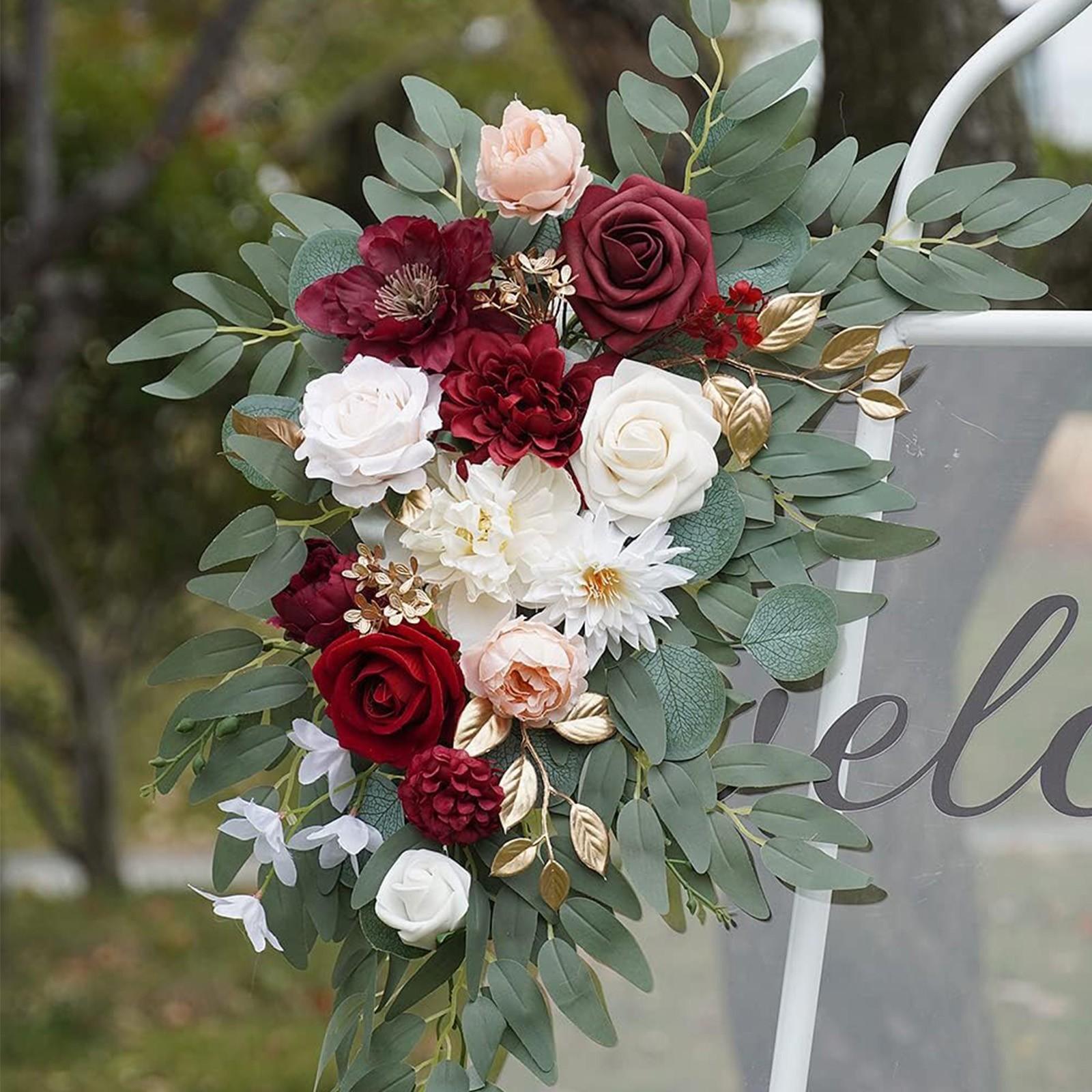 2-piece set of elegant and noble red artificial flower wedding arch decorations, paired with romantic red and white roses, bright red dahlias, and pink peonies, is ideal for receptions and home decorations