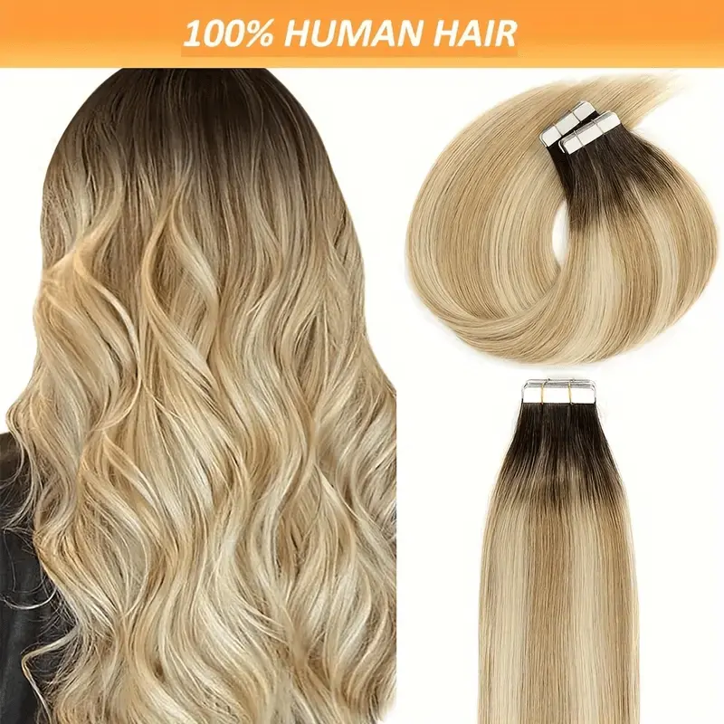 20Pcs 50G Total Tape‑In Hair Extensions for Women, Dark Brown to Caramel Blonde Highlights, No‑Shedding & Tangle‑, Silky Smooth Texture, Secure Double‑Sided Tape for Seamless Blend, Suitable for All Hair Types & Ethnicities, for Daily Wear & Special E