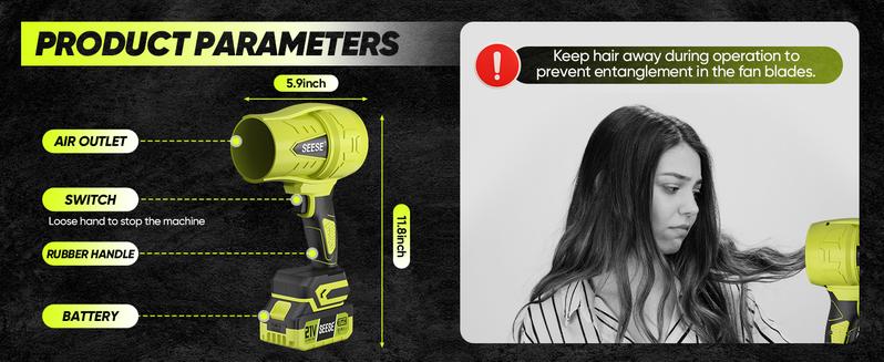 SEESE Cordless Leaf Blower Violent Turbo Fan with Brushless Pure Copper Motor & Battery | Super Power Air Duster for Car Drying, Snow Removal SEESE Cordless Leaf Blower Violent Turbo Fan with Brushless Pure Copper Motor & Battery | Super Power Air Duster for Car Drying, Snow Removal