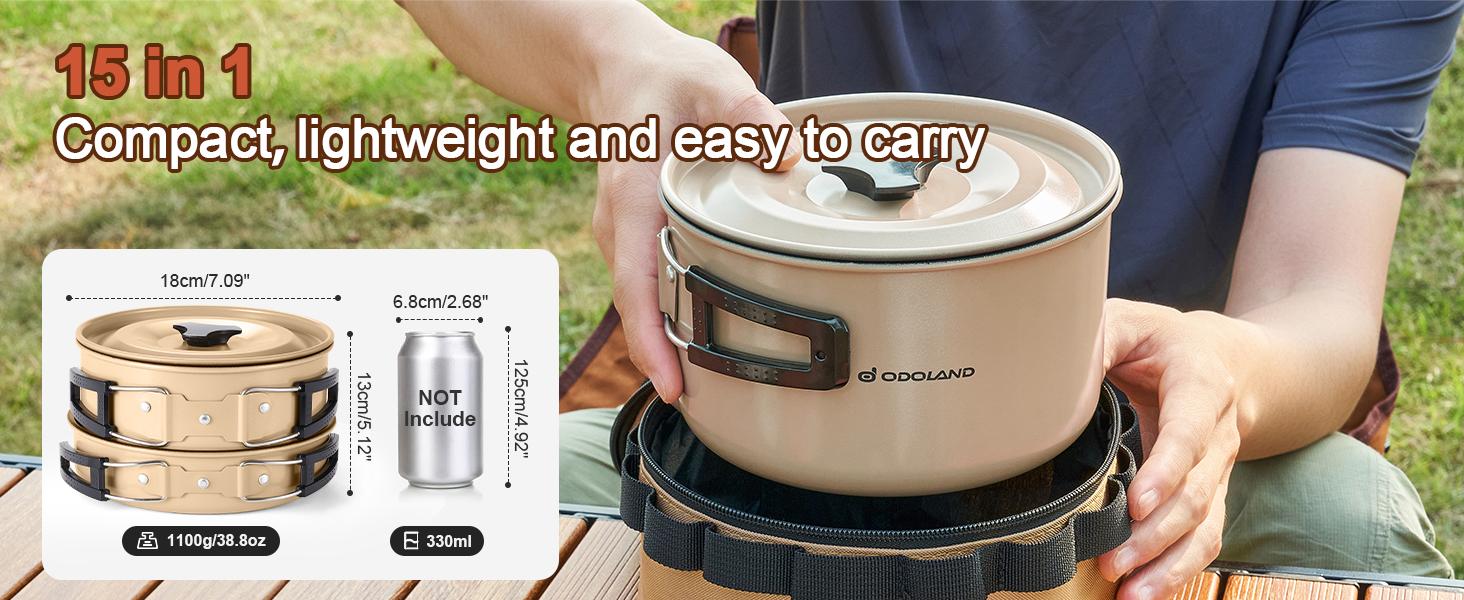 Odoland Camping Cookware Set Non-Stick Pot and Pan Set with Kettle, Stainless Steel Utensils Mess Kit, Cups Plates Knives Spoons Forks for Outdoor Cooking,Khaki