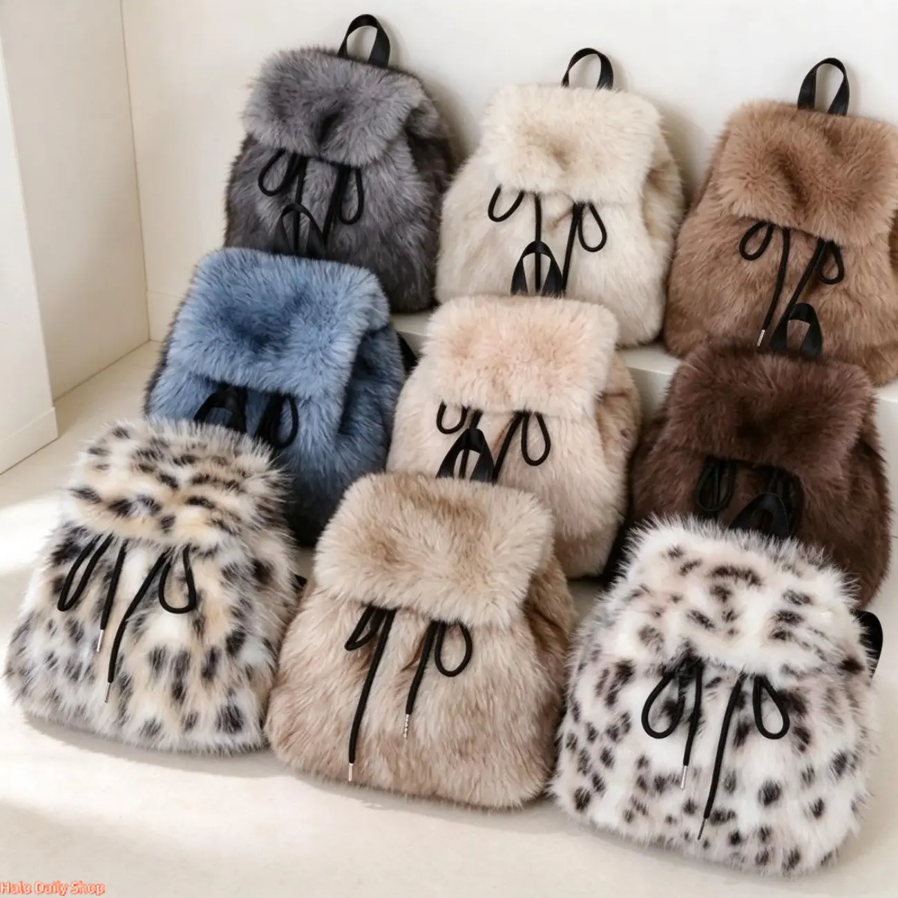 Women's Soft Faux Plush Backpacks for Women - Lightweight, Durable, Adjustable Straps, Dual-Compartment, Versatile, White/Black, Cozy Seasonal Gift, Small Campus School Bag, Ideal for Everyday Use
