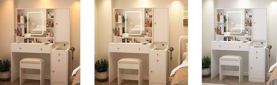 Vabches White Vanity Desk with Mirror and Lights, Vanity Table Makeup Vanity with Lights 3 Drawers and Cabinets