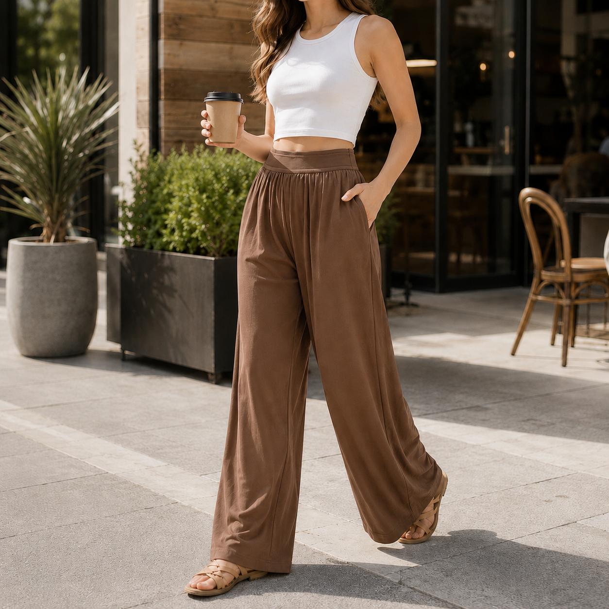 Women's Elastic High-Waisted Wide-Leg Pants 2025 New Casual Sports Trousers High-Quality Fabric