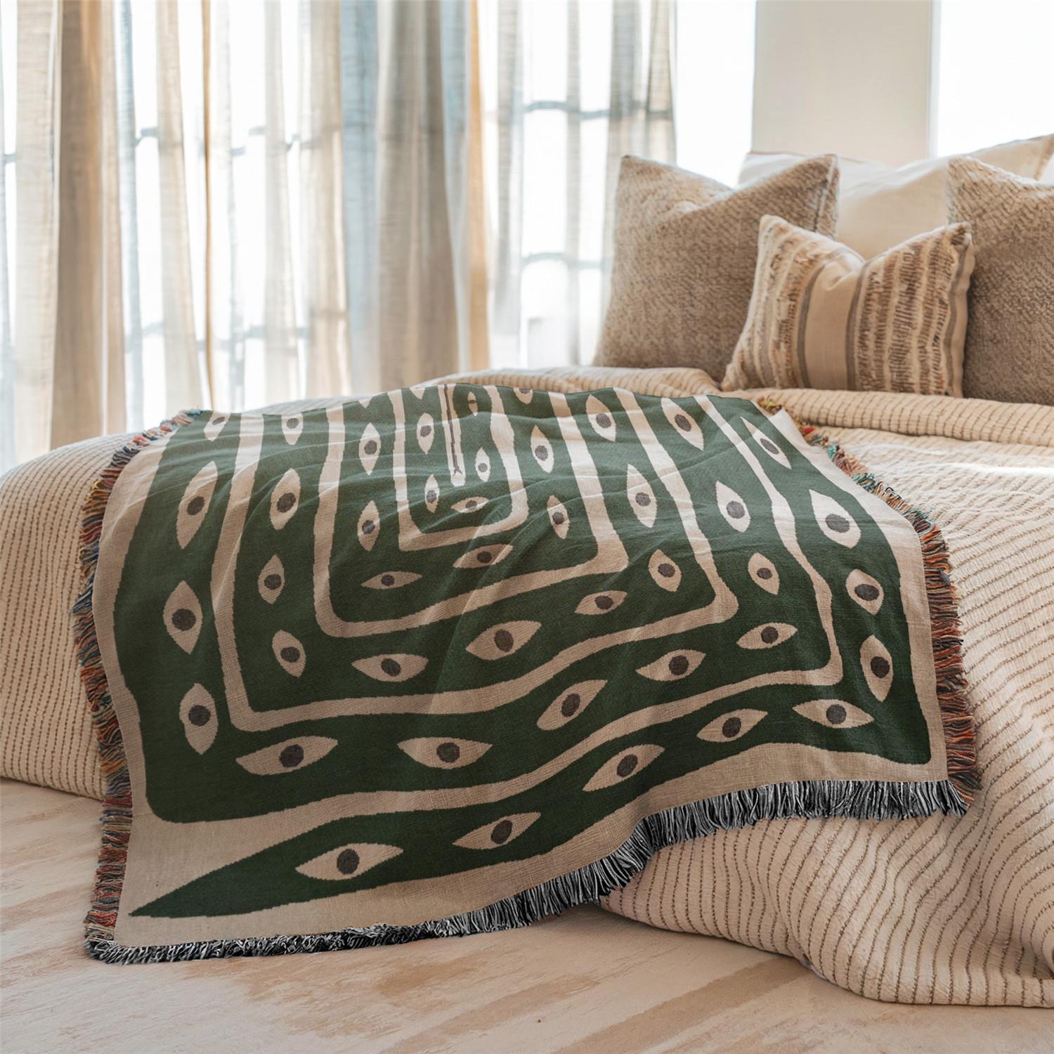 Multi-Function Tassel Woven Blanket -Green Snake Pattern Bed Blanket, Also for Sofa Cover Couch Throw Blanket Armchair Home Decor Room Wall Art Tapestry Furniture Slipcover Tablecloth Shawl Outdoor Picnic Camping Beach Towel Office Nap Hippie