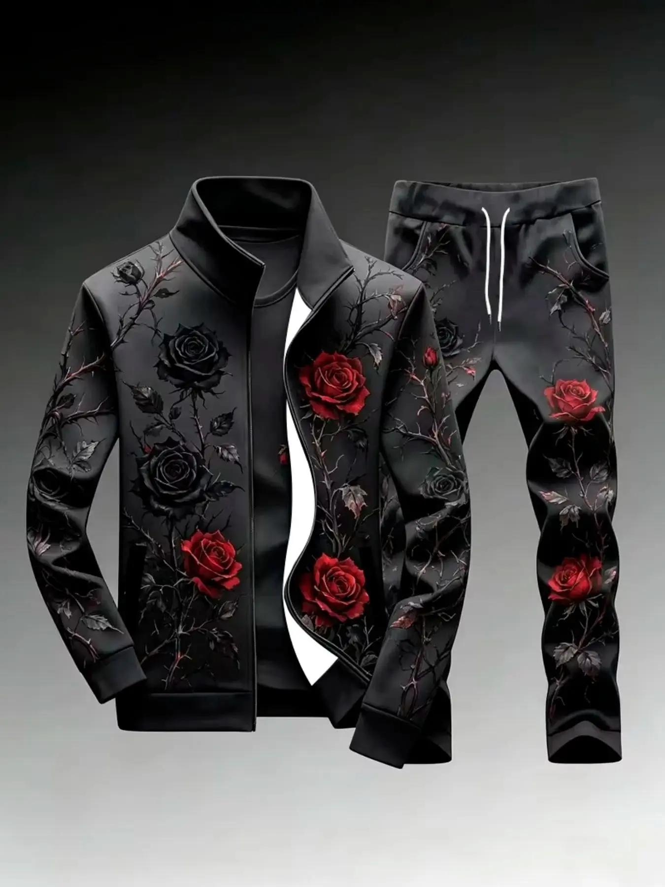 Men's 2-Piece Rose Thorn Print Sports Set, Stand Collar Zipper Top + Drawstring Pants, 3D Floral All over Print, Casual Street Style, Sporty Streetwear, Suggest taking a smaller size