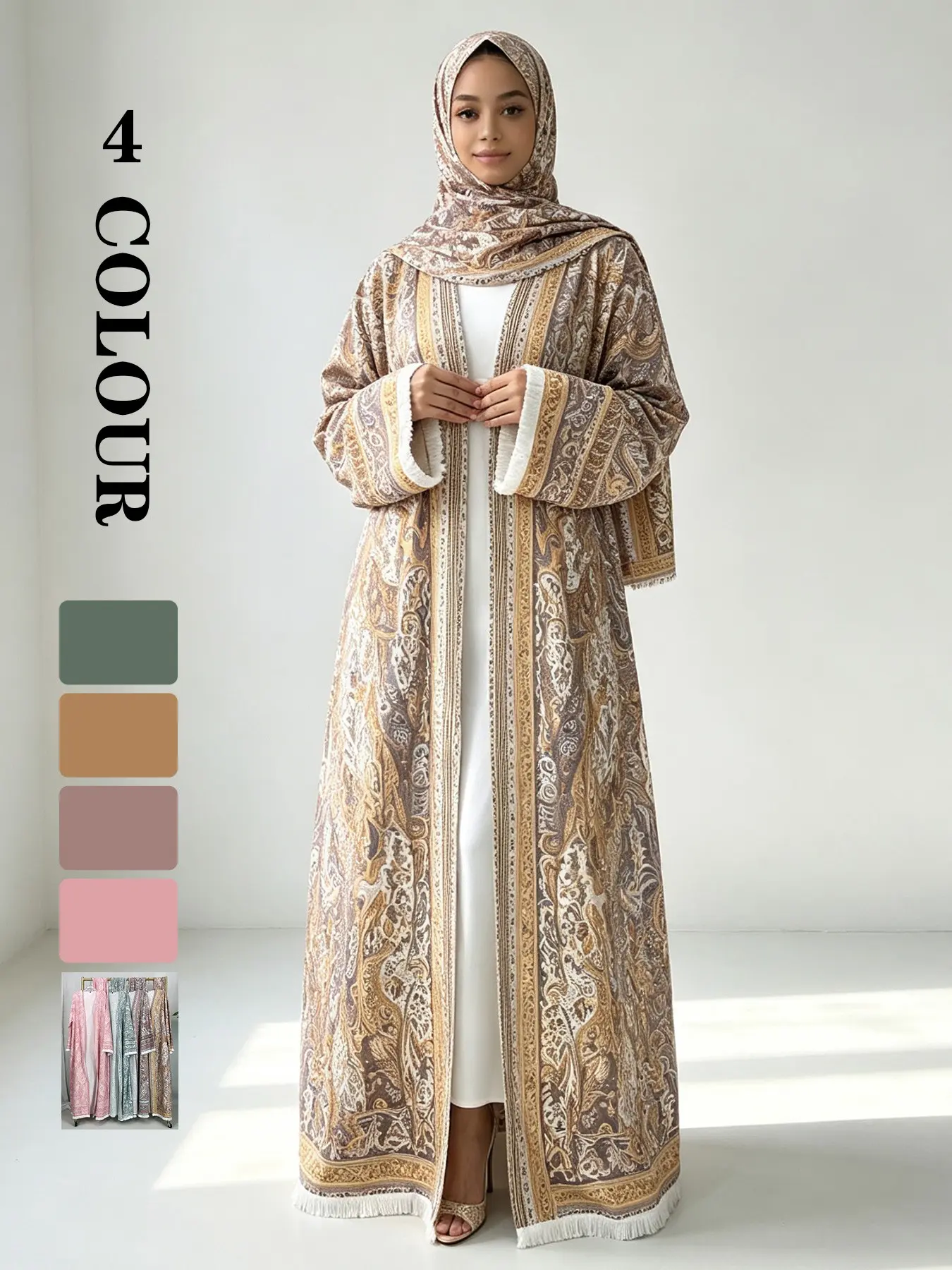 [ Includes Hijab] Pashmina Texture Abaya Set, Polyester Fabric, Wrinkle-Resistant, Wide Sleeves with Fringe, Available in 5 Sizes#PashminaAbaya #PolyesterAbaya #PrintedAbaya #TwoPieceAbaya #HijabFashion