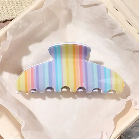1pc Rainbow Striped Glossy Acetate Acrylic Ingot Hair Claw Clip, Half-Up Bun Hair Claw For High Crown Ponytail, Korean Sweet Energetic Girly Style, Fresh Gentle Cute Hair Accessory For Travel, Vacation, Date, Shopping, Afternoon Tea Beach Vacay Hair Clips