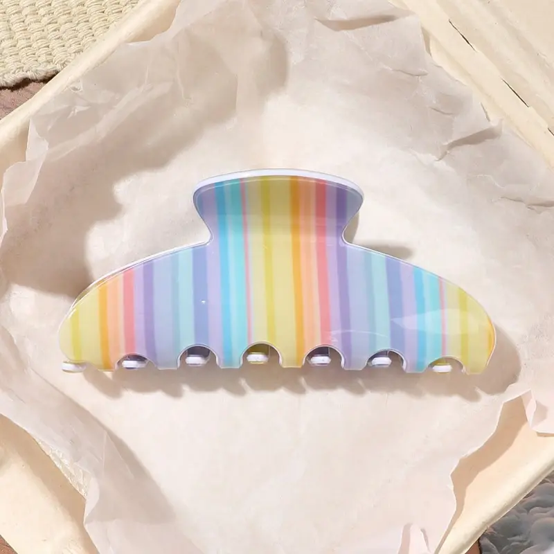 1pc Rainbow Striped Glossy Acetate Acrylic Ingot Hair Claw Clip, Half-Up Bun Hair Claw For High Crown Ponytail, Korean Sweet Energetic Girly Style, Fresh Gentle Cute Hair Accessory For Travel, Vacation, Date, Shopping, Afternoon Tea Beach Vacay Hair Clips