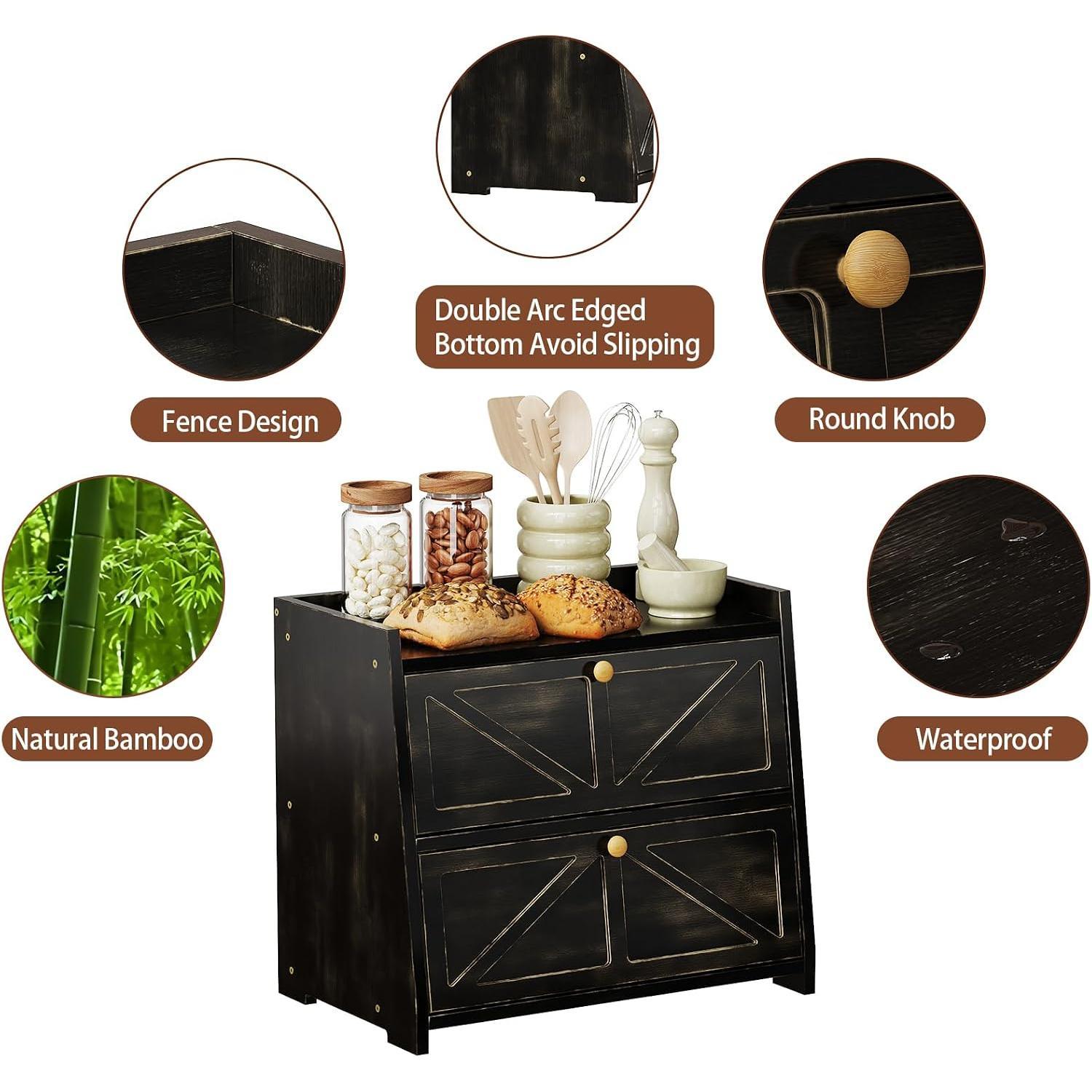 Double Layer Bread Box for Kitchen Counter  Bread Storage Container Large Capacity Bread Storage Bin (Antique Black)