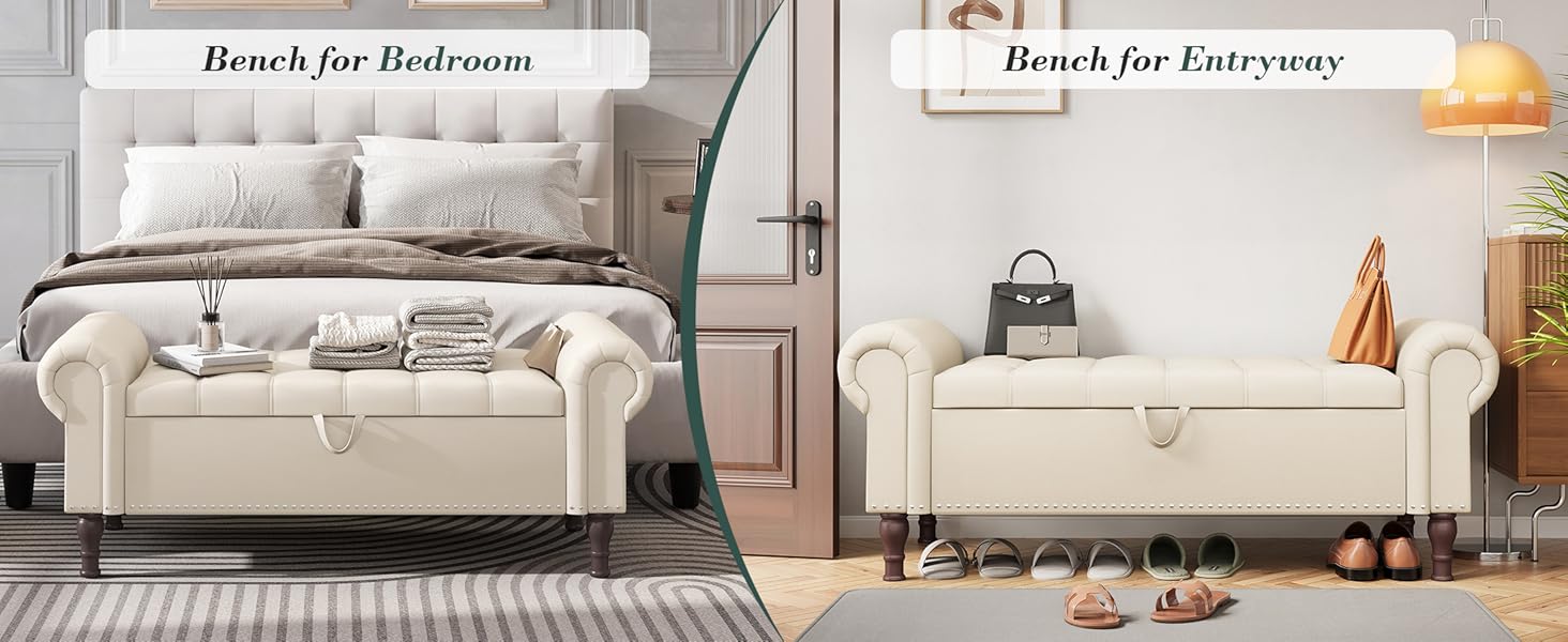 YOUDENOVA Storage Ottoman Bench for Bedroom 51/60" Queen/King Size Storage Bench with Button, Upholstered Bedroom Bench with Rolled Arms for Living Room, Storage Room, Entryway Modern Furniture Spring Greenish