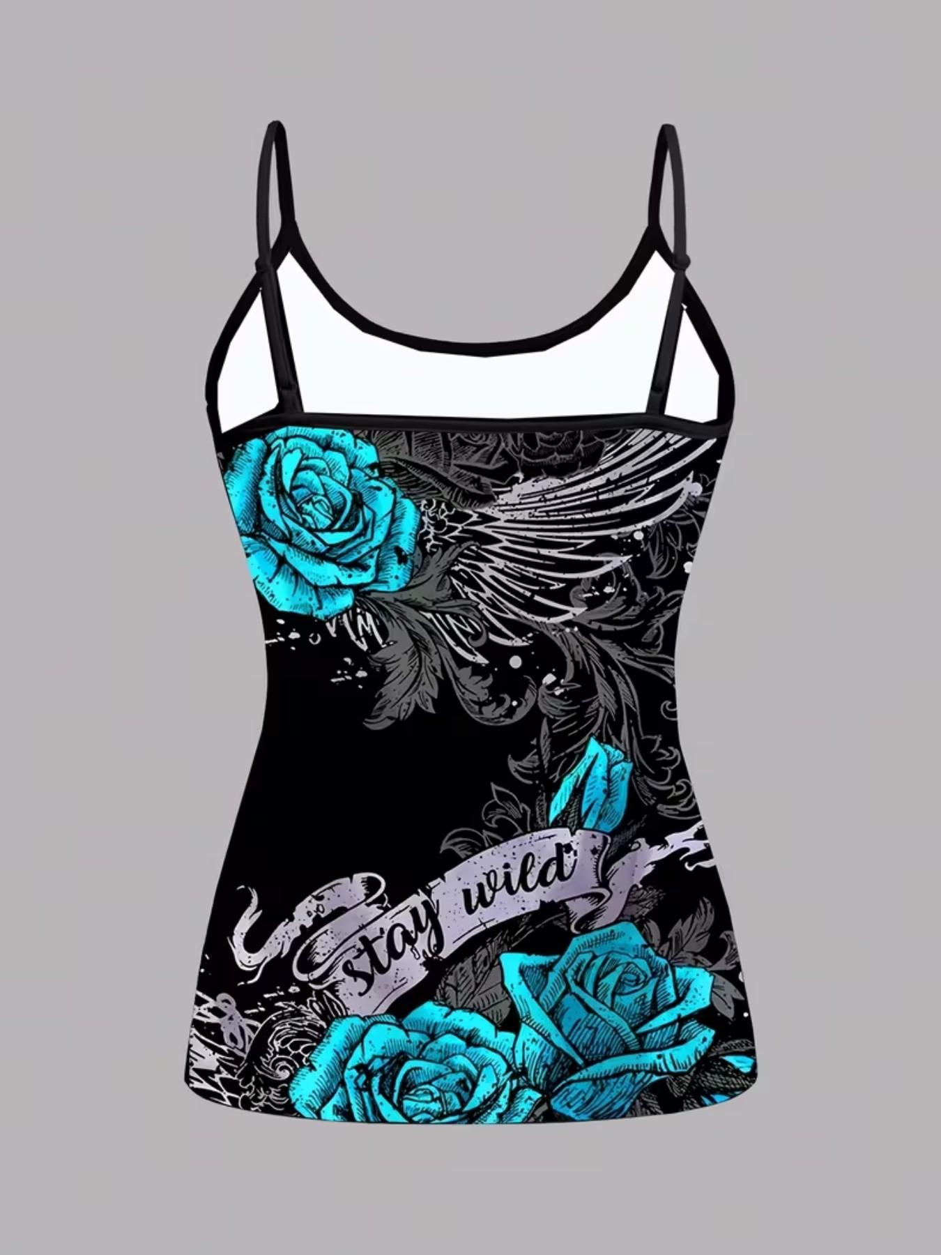 Gothic Rose Wing Print Strappy Set, Summer Home Sleepwear, Casual Sleeveless Slim-Fit Top, All over Print, Four-Piece