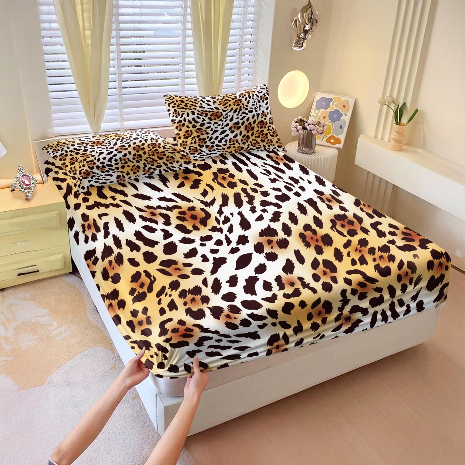 3Pcs Classic Leopard Print Luxury Vintage Boho Fitted Sheet Set, Elastic Edge Wrap Around Mattress, Wrinkle Resistant Non-Slip Easy Care, Ideal Housewarming Birthday Christmas Gift