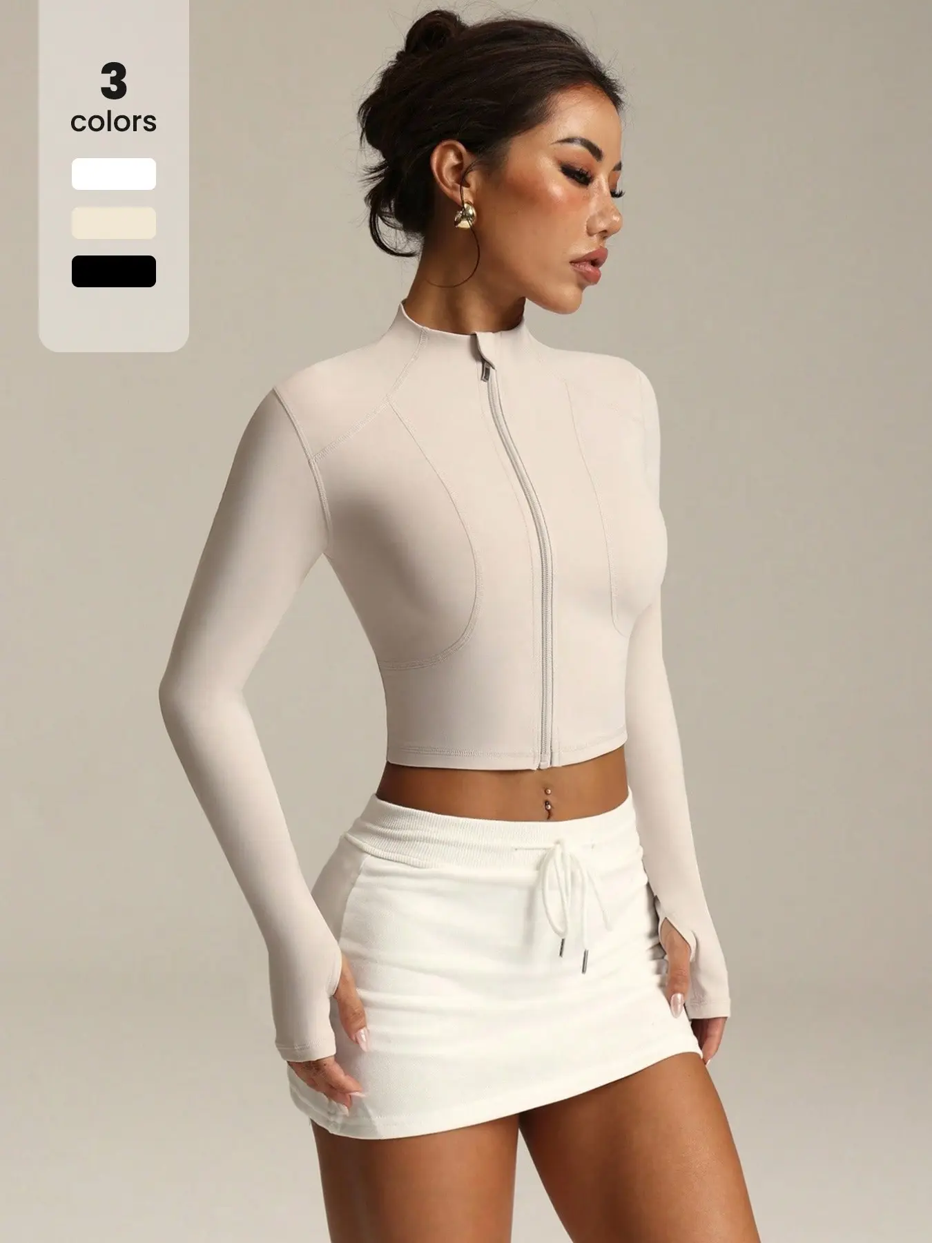Y2K Women Zip‑Up Cropped Athletic Jacket Thumb Hole Long Sleeve Stand Collar Slim Bodycon Gym Fitness Daily Street Crop Top Outer Layer