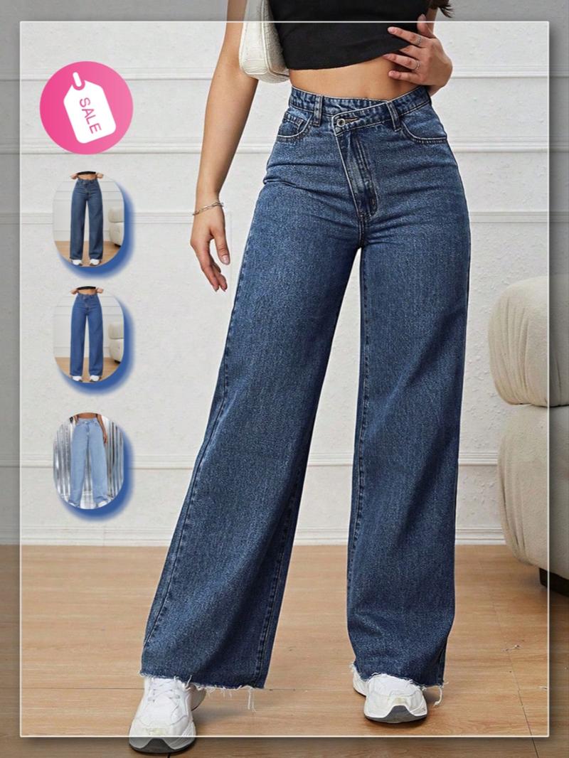 Women's Vintage Denim Jeans, Diagonal Button Design, Ultra-Long Straight Wide Leg, Casual Style, All Seasons Daily Wear