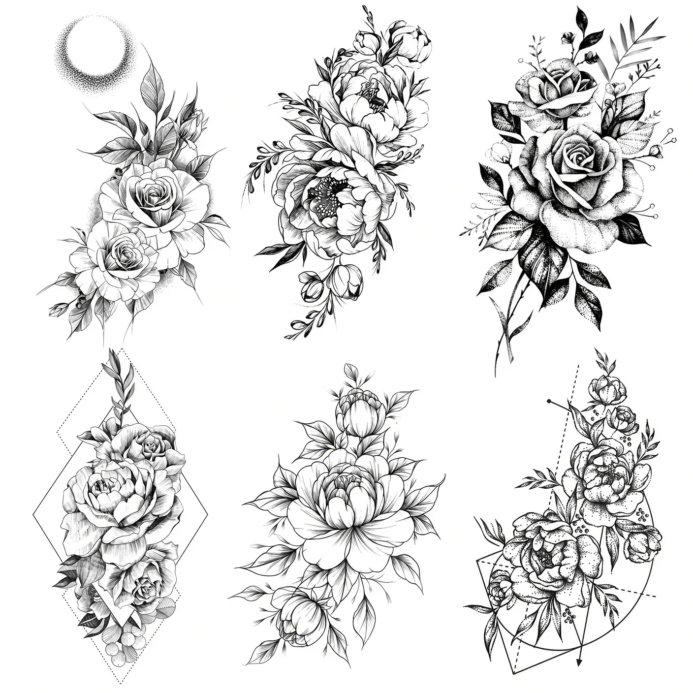 6-Pack 3D Realistic Black Rose & Peony Temporary Tattoos, Waterproof Floral Geometric Body Art Stickers – Large & Small Fake Tattoos for Arm, Leg, Face, Long-Lasting Festival Accessories for Women & Men