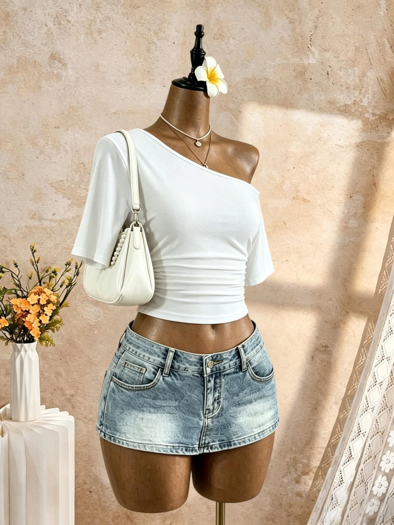 3-Pack Asymmetrical Shoulder Pleated Mid- Sleeve Short T-Shirts, Streetwear Date Wear, Show Waist Slimming Top, Trendy Ladies' Clothing, Casual Chic, Casual Daily Tops