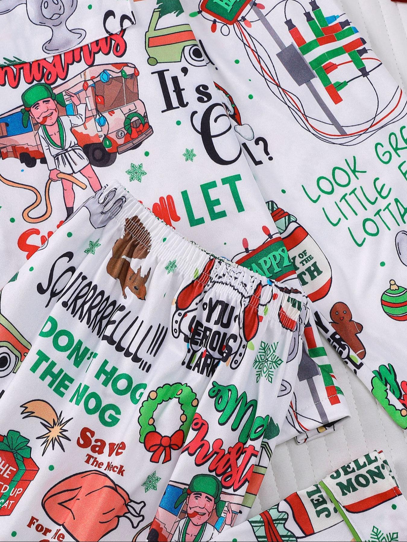 【Christmas Pajamas】It's A Beaut Clark Christmas Women's Set, Long Sleeve Button Front Top & Elastic Pants, Soft Comfortable Holiday Sleepwear & Loungewear for Women