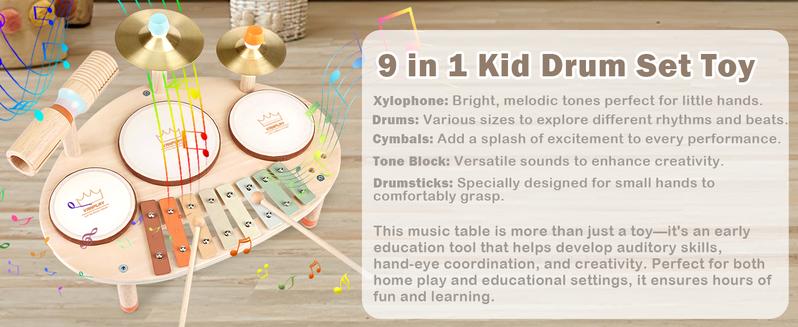 Joyreal Drum Set with Xylophone for Kids - 4 in 1 Musical Instruments Set for Toddlers, Wooden Montessori Toys, Christmas Birthday Gifts Ideas