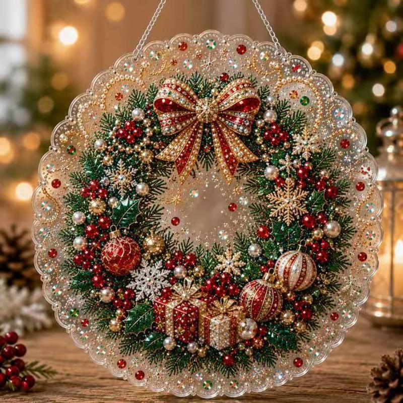 Christmas Pearl Diamond Painting Kit, Handmade, 10 Inch, Pre-Assembled Metal Chain, Acrylic Round Board with Lace Edge, 3D Pearls, Holiday Decor