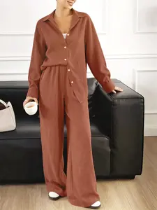 Two piece set of women's fashionable, high-end, relaxed, casual, plain textured long sleeved shirt+high waist wide leg pants set, suitable for all seasons, suitable for short trips, exploring stores, shopping, daily home, workplace, commuting