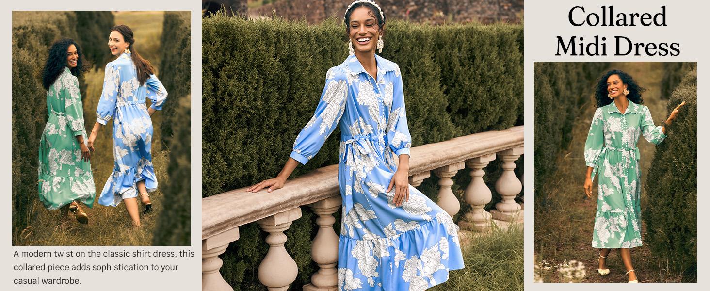 Wenrine Women’s Maxi Shirt Dress Casual Floral Collared 3/4 Long Sleeve Drawstring Waist Fall Button Down Dresses