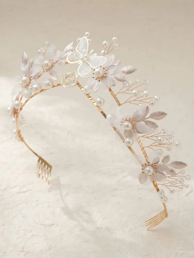 Elegant Butterfly Floral Bridal Crown, Romantic Pearl Rhinestone Wedding Headpiece, Korean Handmade Wedding Dress Accessory