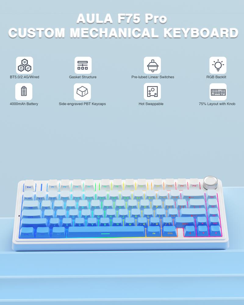 AULA F75 Pro Wireless Gaming Mechanical Keyboard, Knob Control 75% Washer Hot Swappable Custom Keyboard, Tri-Mode Connect RGB Backlight, Pre-lubricated Linear Switches, Side Printed PBT Keycaps , Gradient Blue Creamy Keyboard  TikTokShopfalldealsforyou