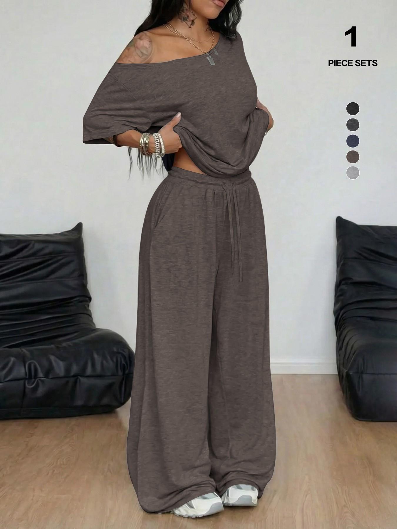 Women's 2-Piece Lounge Set, Off-Shoulder Oversized Top & Wide-Leg Pants, Soft Comfortable Drawstring Loungewear for All Seasons