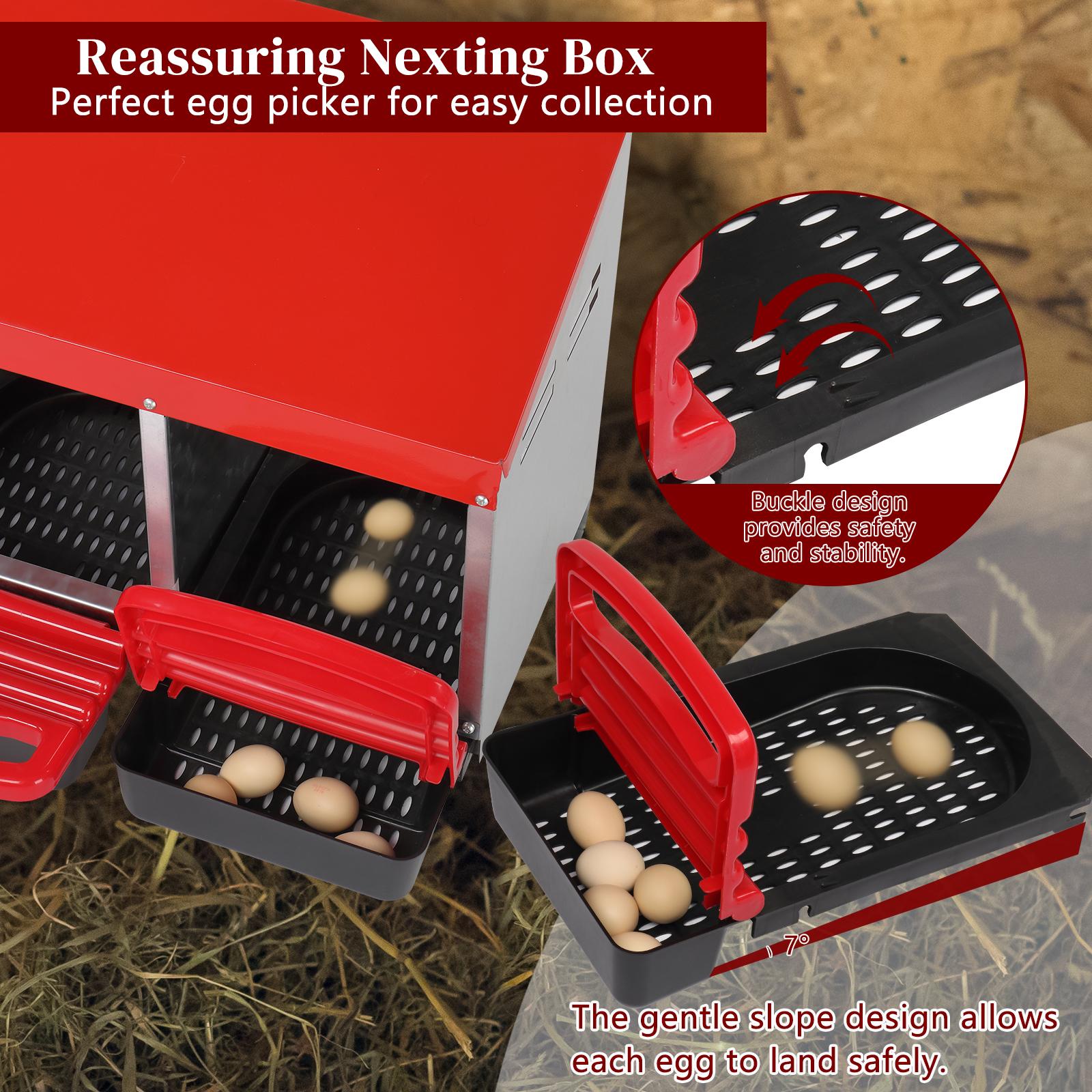 Chicken Nesting Box, 3 Compartments Metal Chicken Laying Boxes with Roll Out Egg Collection, Wooden Fake Eggs, Install Accessories and Gloves for Hens/Goose/Duck/Rabbit, Green